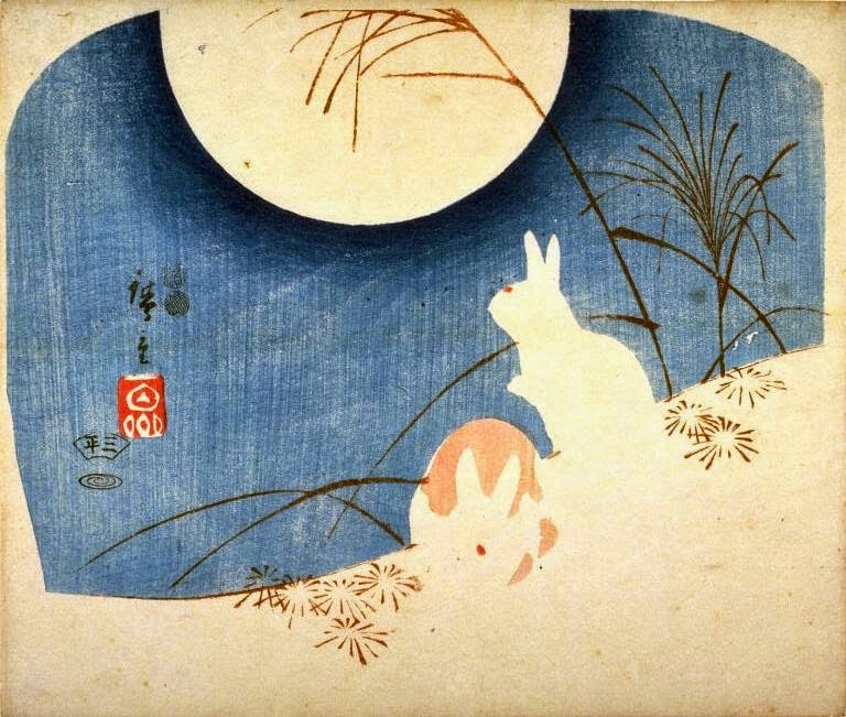 Hiroshige, Untitled (Two Rabbits, Pampas Grass, and Full Moon), 1849 - 1851