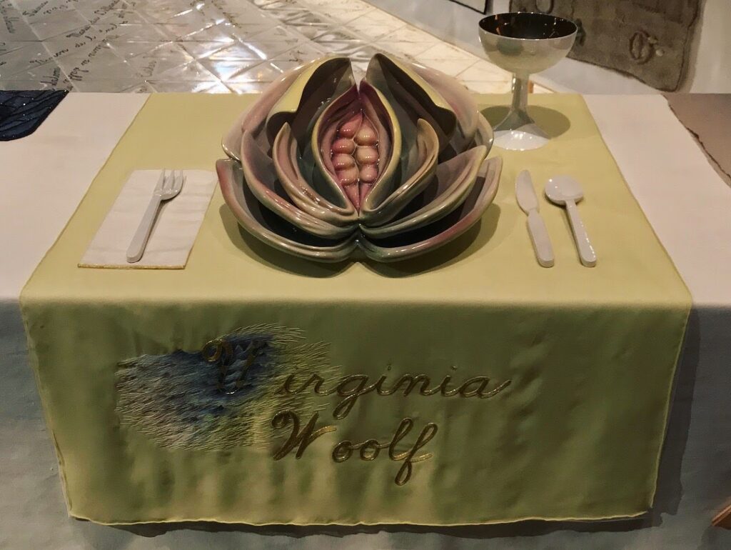 women who changed art forever: Judy Chicago, The Dinner Party, Virginia Woolf’s ceramic plate, 1979, Elizabeth A. Sackler Center for Feminist Art, Brooklyn, NY, USA. Photograph by Bee1120 via Wikimedia Commons (CC BY-SA 4.0).
