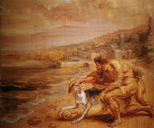 Dogs in art history: Peter Paul Rubens, Hercules' Dog Discovers Purple Dye, c.1636 