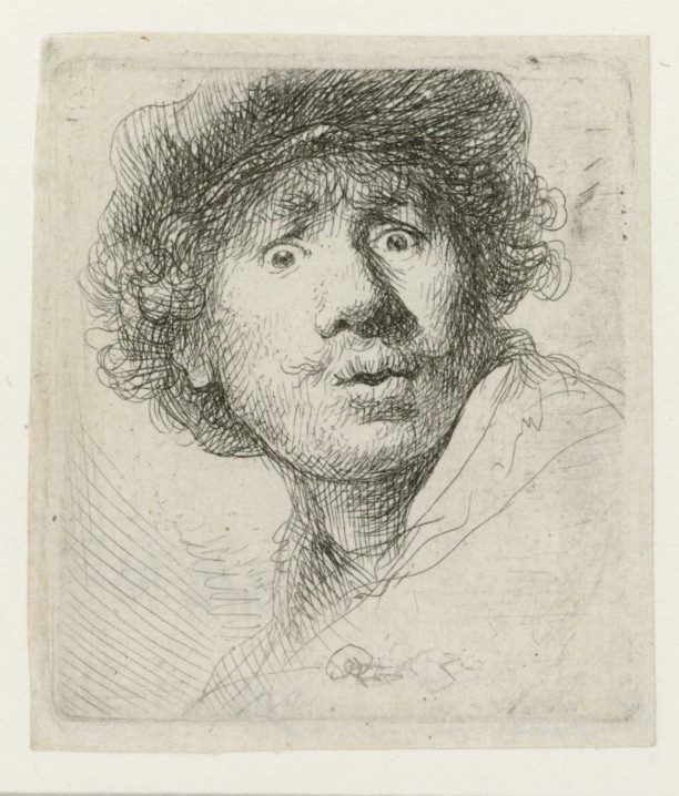 Rembrandt van Rijn, Self-portrait in a Cap, Wide-eyed and Open-mouthed, 1630, Rijksmuseum, Amsterdam, Netherlands.