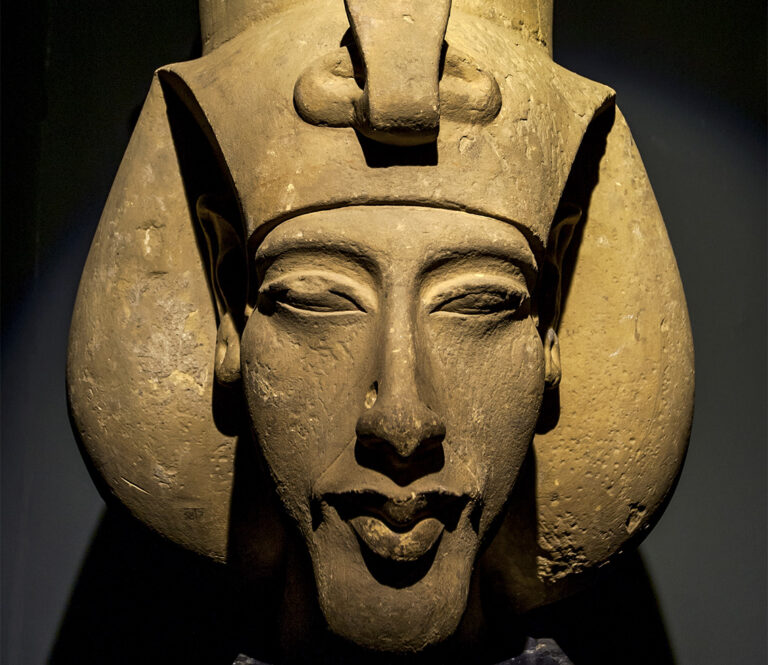 androgynous pharaoh: Head of Akhenaten, National Museum, Alexandria, Egypt. Britannica. Detail.
