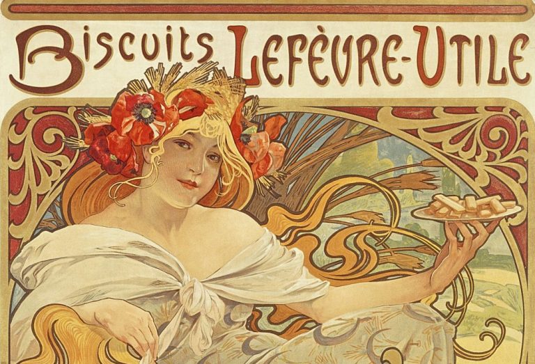 Alphonse Mucha posters: Alphonse Mucha, Biscuits Lefèvre-Utile, 1896, private collection. Europeana. Detail.
