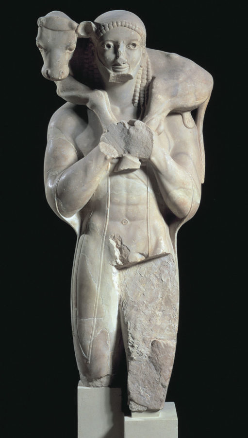 The Moschophoros, c. 570 BCE, Athens, Acropolis Museum. greek sculpture
