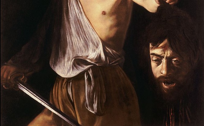 caravaggio death: Caravaggio, David with the Head of Goliath, c. 1610, Galleria Borghese, Rome, Italy. Detail.
