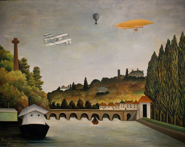 Henri Rousseau, View of the Pont Sèvres and the Hills of Clamart, Saint Cloud, and Bellevue with Biplane, Balloon, and Dirigible, 1908, Pushkin Museum, Moscow