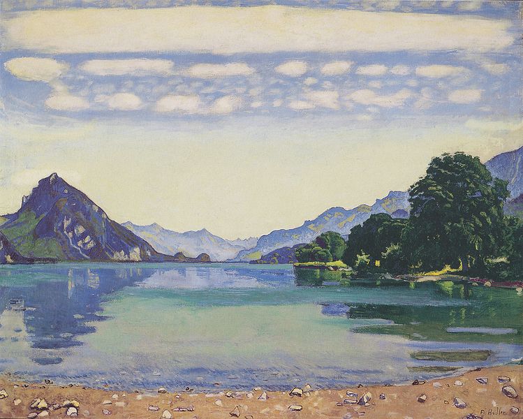 Ferdinand Hodler mountain landscapes: Ferdinand Hodler, Lake Thun from Leissig, 1904, Kunstmuseum Bern, Bern, Switzerland. Wikimedia Commons (public domain).
