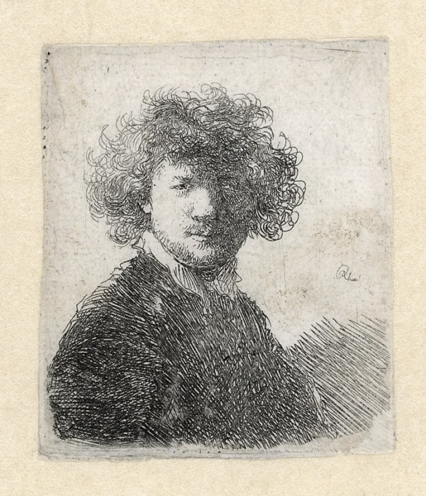 Rembrandt Self-Portrait with curly hair, c. 1629. Etching (state II), 56 x 49 mm., Amsterdam, The Rembrandt House Museum.