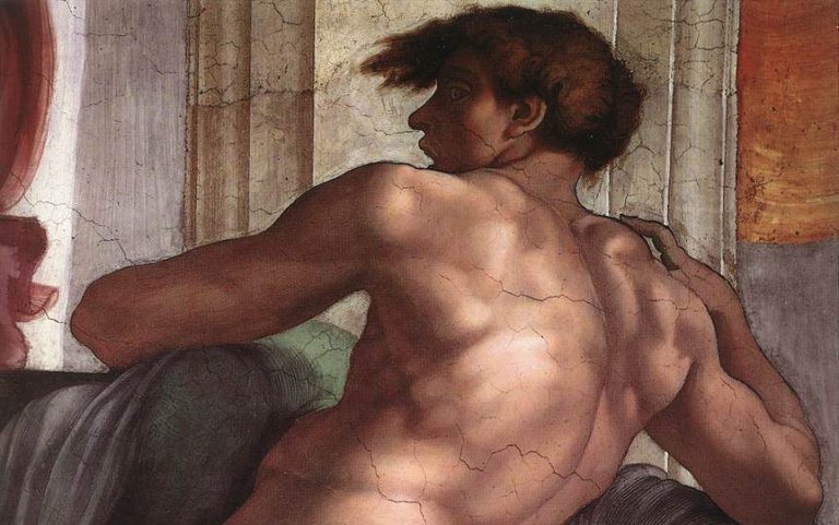 male nude in art: Michelangelo, Ignudo, c. 1512, Sistine Chapel, Vatican. Web Gallery of Art. Detail.
