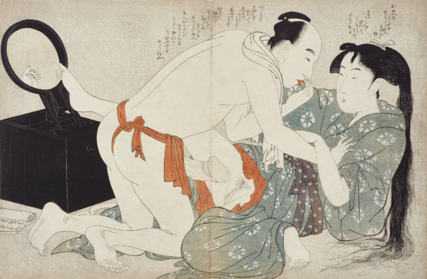 shunga: Kitagawa Utamaro (1753-1806) , summer evening, 1799. From the album Negai no itoguchi [ Awakening of Desire ]. Color woodcut © Leopold Privatzammlung, Vienna; Photo: MAK / Georg Mayer