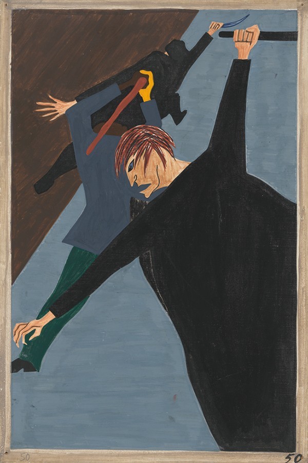 Jacob Lawrence, The Migration Series, Panel no. 50: Race riots were numerous, White workers were hostile towards the migrants who had been hired to break strikes
