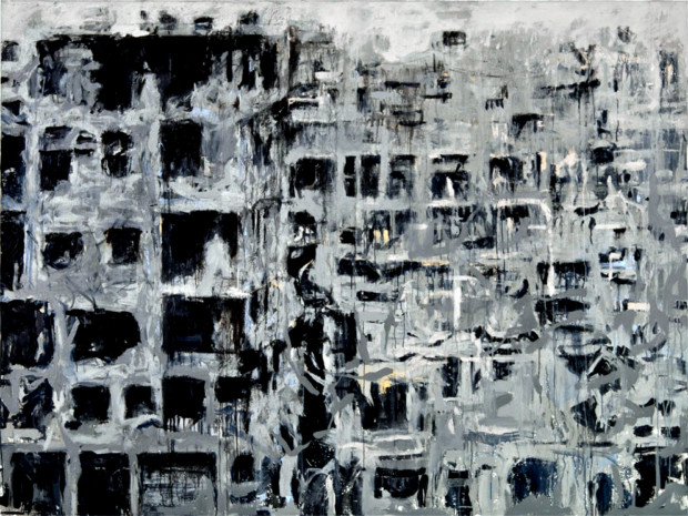 rom “Storeys” by Tammam Azzam, 152 X 203 cm, mixed media on canvas, 2014. Image courtesy of Tammam Azzam