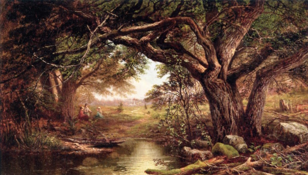 female hudson river school Landscape with Three Ladies Sitting Under a Tree by Mary Josephine Walters