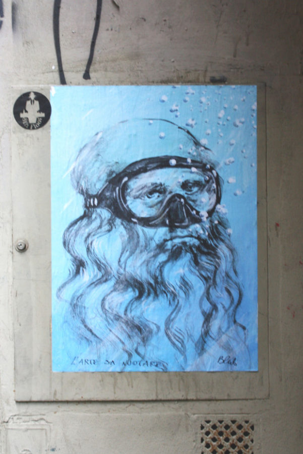 Blub, Street art inspired by Leonardo da Vinci, Florence, Italy. 