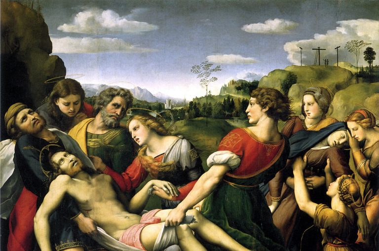 raphael death: Raphael, The Entombment, (Pala Baglione), 1509, oil on wood, Galleria Borgese, Rome, Italy. Wikimedia Commons (public domain). Detail.
