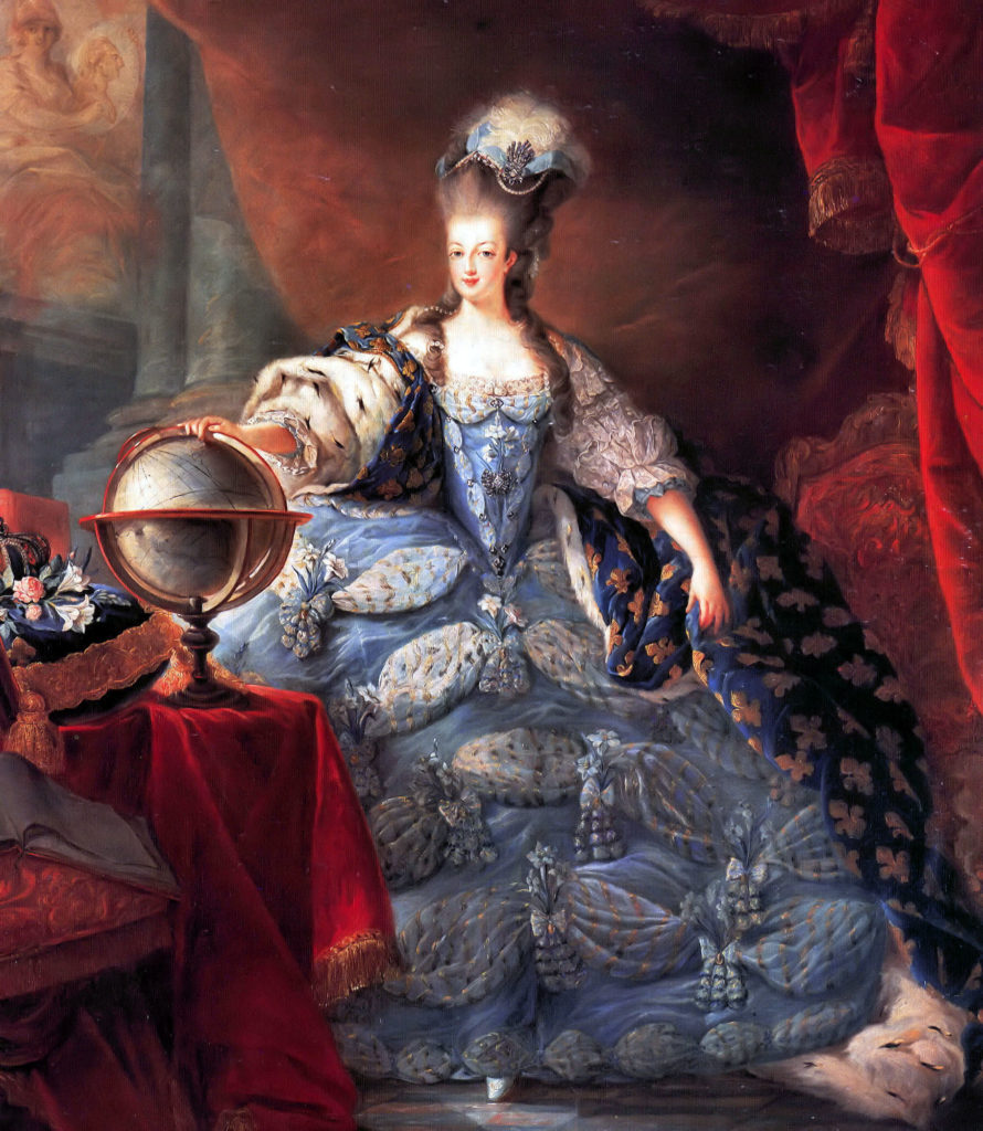 Royal portrait of Marie Antoinette in her full-court dress, adorned with symbols of her position as queen. Jean- Baptiste- Andre-Gautier Dagoty, Marie Antoinette
