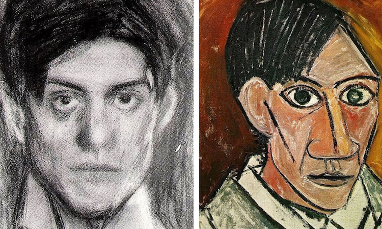 early Picasso works: Left: Pablo Picasso, Self-Portrait at the age of 18, c. 1900, Museu Picasso, Barcelona, Spain; Right: Pablo Picasso, Self-Portrait at the age of 25, 1907. My Modern Net.
