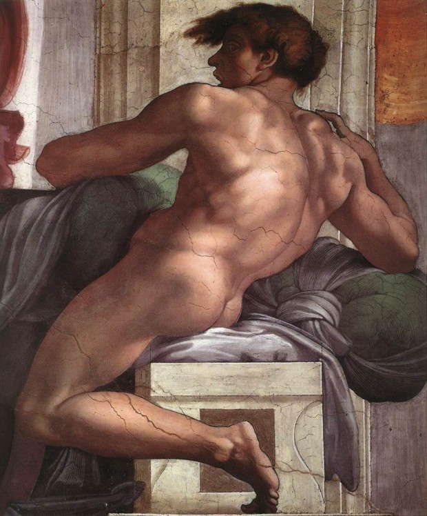 Best Bums in Art, Michelangelo, Ignudo, c. 1509, Sistine Chapel, Vatican. Detail.