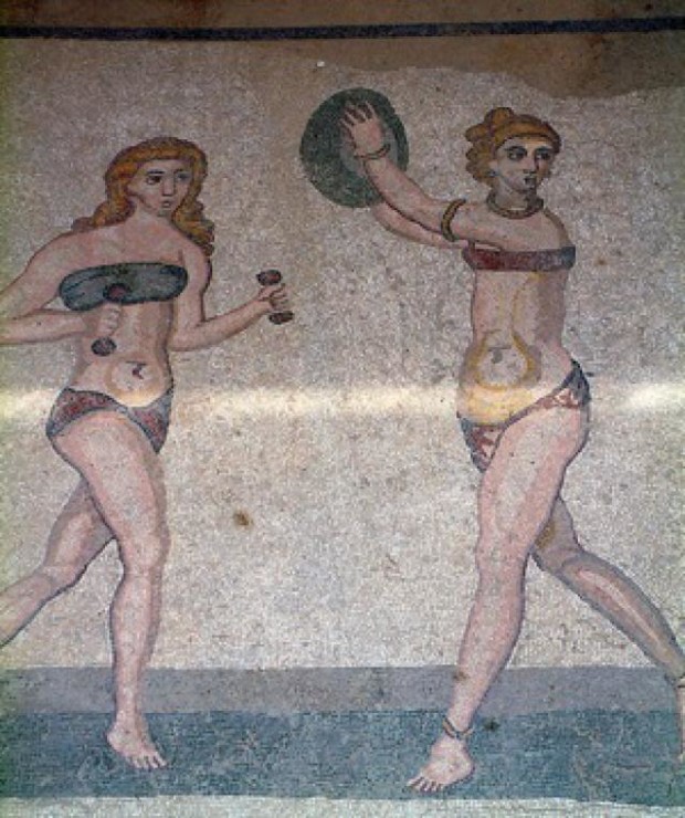 Ancient bikini girls: Mosaic from Sicily, Italy, 4th century CE, North African