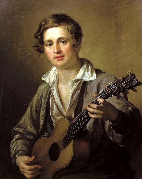 Guitar players in Art: Vassily Andreevich Tropinin, The Guitar Player, 1823, The State Tretyakov Gallery, Moscow, Russia.
