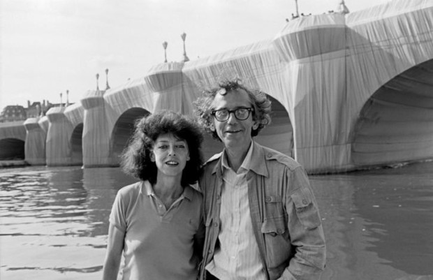 Christo and Jeanne-Claude in front of the wrapped Pont Neuf, 1985, Paris, France. 