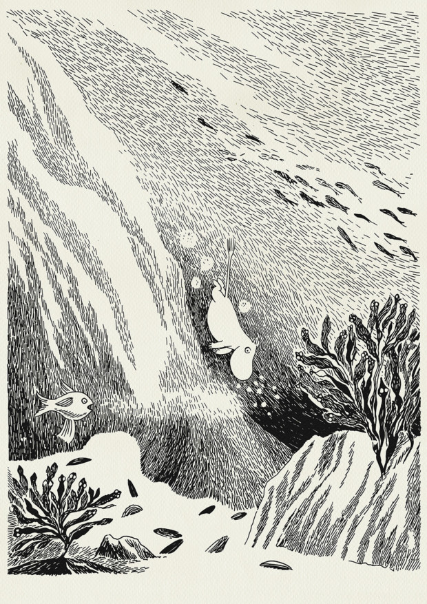 Tove Jansson, Moomin illustration. Moomintroll diving into the deep.