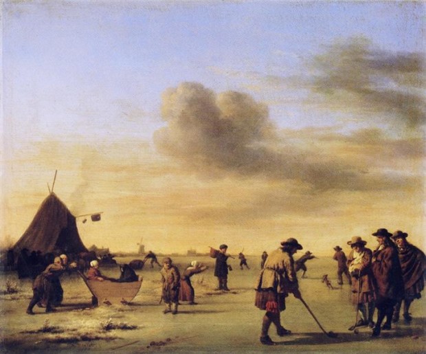 Golf paintings: Adriaen van de Velde, Golfers on the Ice near Haarlem, 1668, National Gallery, London, UK, golf painting