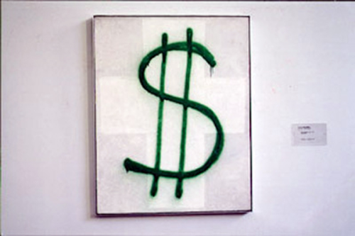 damaged masterpieces Alexander Brener's green dollar sign on Kazimir Malevich Suprematism (White Cross) from 1927