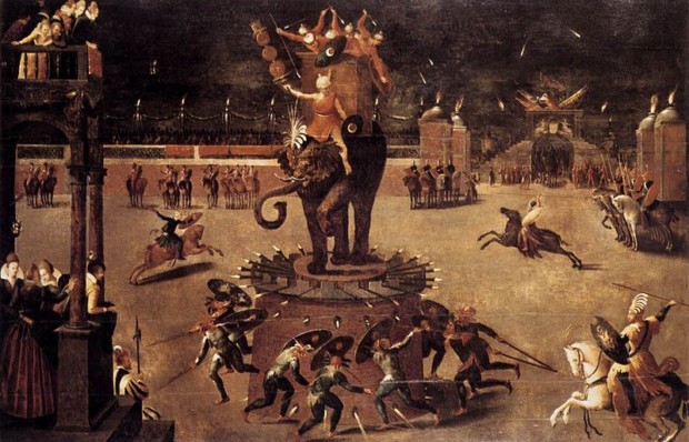 Carousels in art: Antoine Caron, Merry-Go-Round with Elephant, 1598, private collection. Wikimedia Commons (public domain).