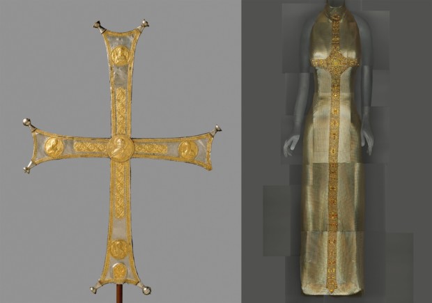 “Heavenly Bodies: Fashion and the Catholic Imagination” Left: Processional cross, Byzantine, c. 1000–1050, silver, silver gilt; right: Evening Dress, Gianni Versace for Versace, Fall 1997–98