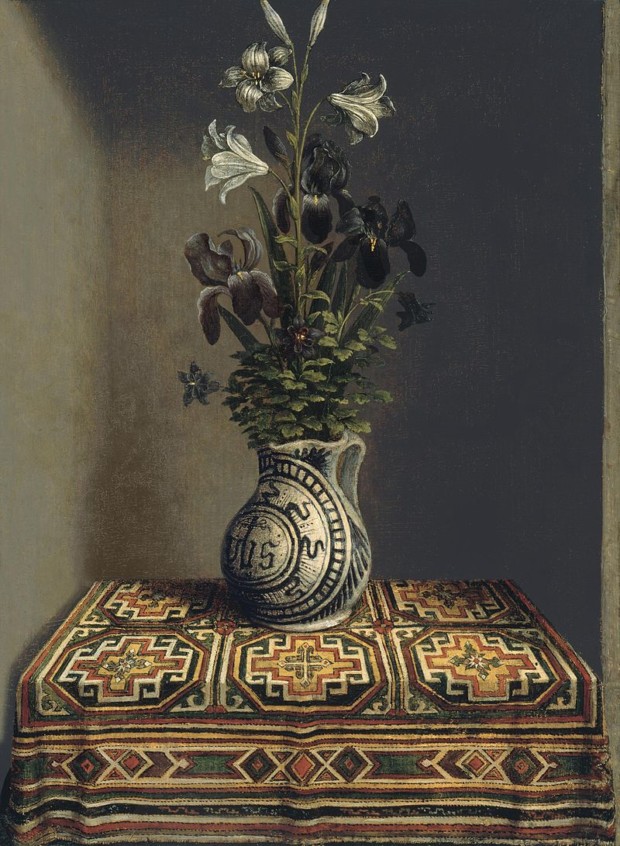 Hans Memling's Still Life with a Jug with Flowers (The reverse side of the Portrait of a Praying Man), c. 1480, Thyssen-Bornemisza Museum, Madrid, Spain, ottoman carpets in Renaissance Paintings