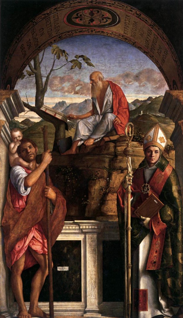 Giovanni Bellini, St. Jerome, St. Christopher and St. Augustine, 1513, San Giovanni Crisostomo, Venice, Italy, saints atributes