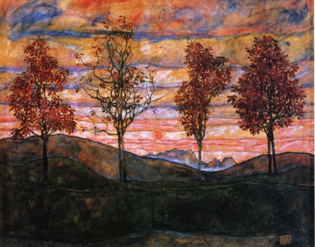 autumn paintings by famous artists Egon Schiele, Four Trees, 1917, Belvedere, Vienna autumn paintings created by famous artists 