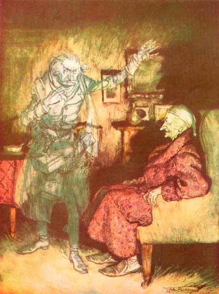 Arthur Rackman, A Christmas Carol, 1915, "How now?" said Scrooge, caustic and cold as ever. "What do you want with me?", Rackham's Christmas Carol