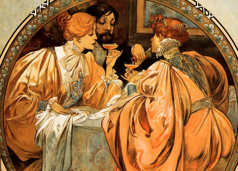 party posters: Alphonse Mucha, Heidsieck Champagne. Wikimedia Commons (public domain). Detail.
