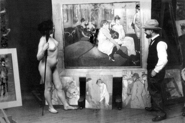 Toulouse-Lautrec in his workshop with a nude model (photo by Maurice Guibert)