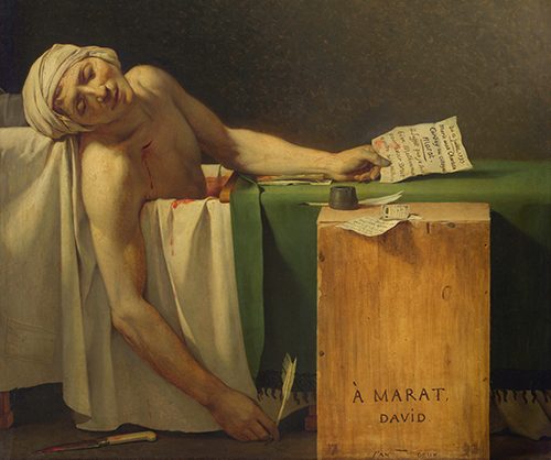 Murder in art: Jacques-Louis David, The Death of Marat, 1793, Royal Museums of Fine Art of Belgium, Brussels, Belgium. Detail.
