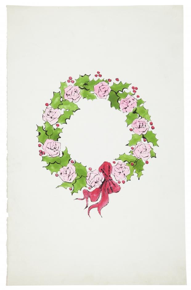 Andy Warhol, Wreath, ink and watercolor on paper, Drawn circa 1956 © The Andy Warhol Foundation for the Visual Arts, Inc., warhol christmas