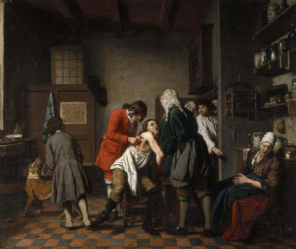 Johan Joseph Horemans, Interior with a surgeon attending to a wound in a man’s side, c. 1722, Flemish, Wellcome Library, London, UK. medicine in art