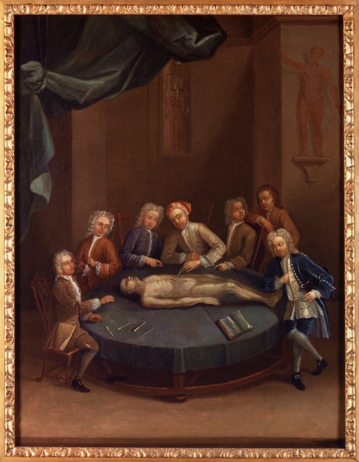 William Cheselden giving an anatomical demonstration at the anatomy theatre of the Barber-Surgeon’s Company, c. 1730-40, Wellcome Library, London, UK. medicine in art