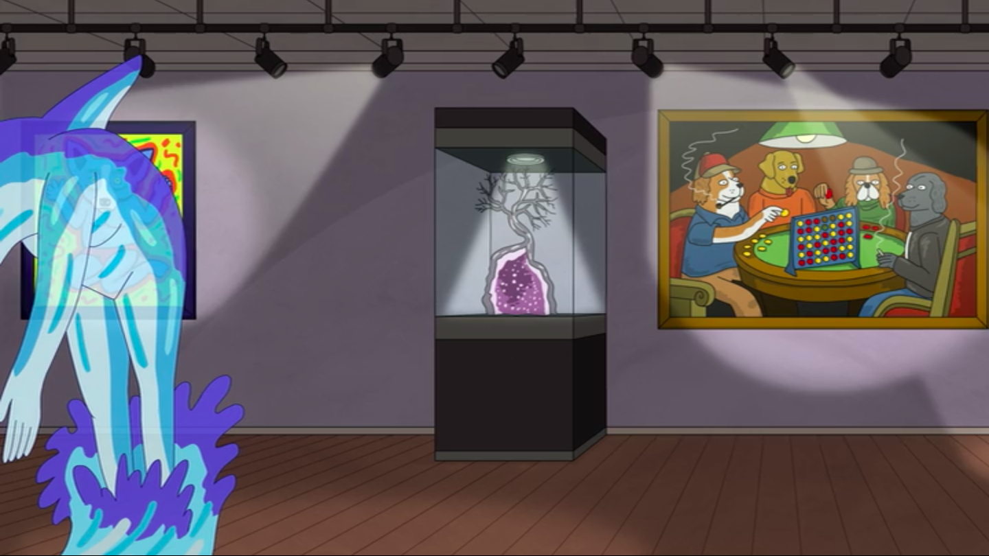 Art in BoJack Horseman: Art reference to Cassius Marcellus Coolidge, Dogs playing poker, in BoJack Horseman S2E09. BoJack Horseman/ Netflix.