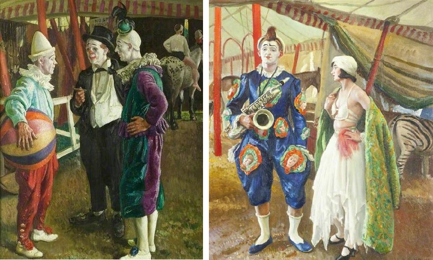 Laura Knight Circus. Dame Laura Knight, Left: The Three Clowns, . Right: A Musical Clown,