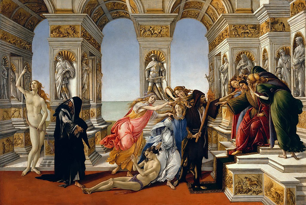 Botticelli, Calumny of Apelles, 1495, Uffizi, Florence, botticelli's final painting
