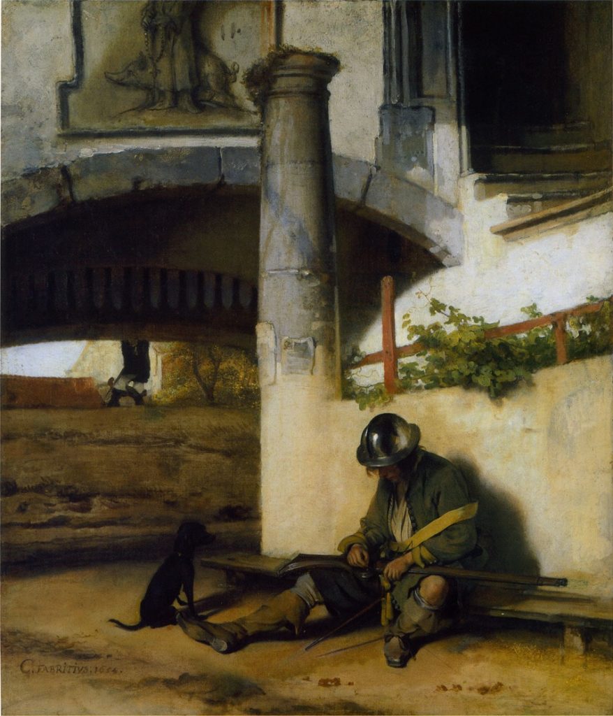Carel Fabritius, The Gate Guard the Sentry,1654, Staatliches Museum Schwerin, Germany explosive life and death of Carel Fabritius