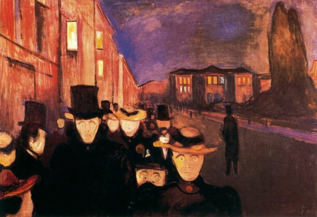 Edvard Munch, Evening on Karl Johan Street, 1894, Rasmus Mayer Samlinger, Bergen Kunstmuseum, Frieze of Life Edvard Munch
