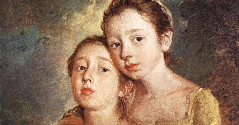 Gainsborough's daughters: Thomas Gainsborough, The Artist’s Daughters with a Cat, 1759-1761, National Gallery of Art, London, UK. Detail.
