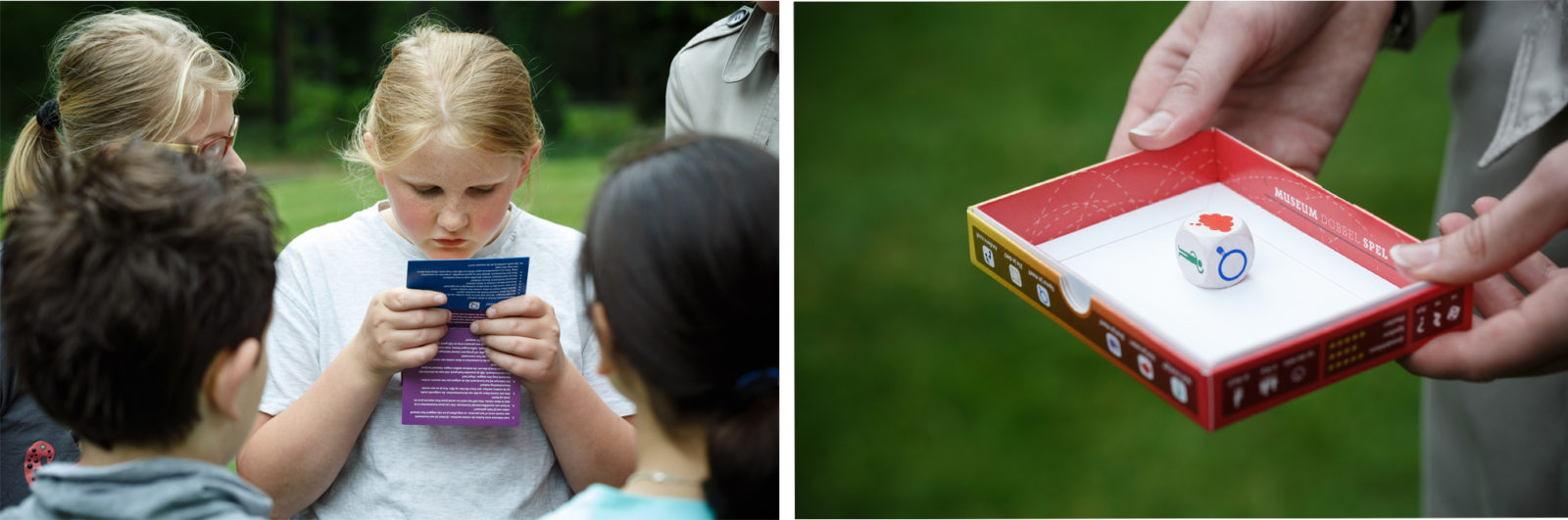 Left: group of kids playing the Museum Dice Game. Right: the box and dice. Photography by Wieneke Hofland.