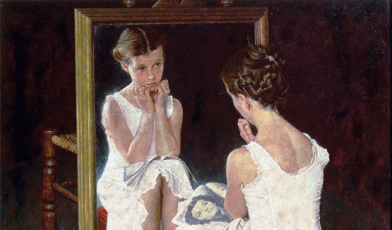 Norman Rockwell girl at mirror: Norman Rockwell, Girl at Mirror, 1954, Norman Rockwell Museum, Stockbridge, MA, USA. Detail.
