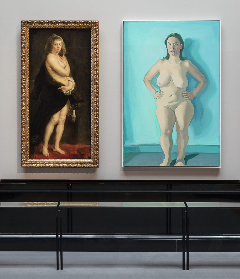 Peter Paul Rubens, Helena Fourment (“The little Fur”), c. 1636/38 Kunsthistorisches Museum Vienna, Picture Gallery © KHM-Museumsverband; Maria Lassnig, Iris Standing, 1972/73 © Maria Lassnig Stiftung, Vienna, the shape of time exhibition