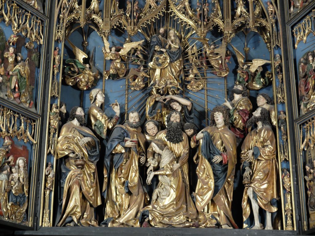 altarpiece: Veit Stoss, St. Mary's Altar, 1489, central section showing the Virgin Mary in death and her assumption into heaven, St Mary's Basilica, Krakow, Poland