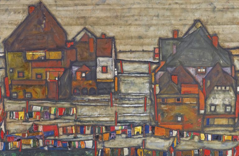Egon Schiele town: Egon Schiele, Houses with Laundry (Two Blocks of Houses with Washing Lines), 1914, private collection. Gallery Intel. Detail.
